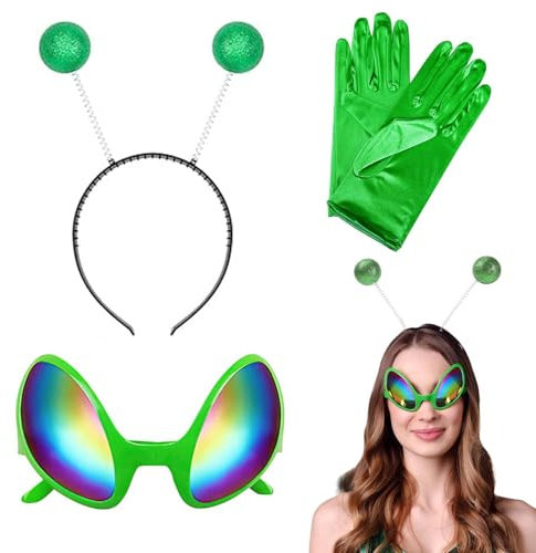 3 Stück Alien Kostüm, Alien Stirnband Und Alien Brille Handschuhe, Kostüm Alien Für Partys Und Karneval, Alien Accessoires, Alien Kostüm Damen, Herren, Kinder, Atmosphäre und Foto-Requisiten(Grün)