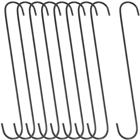 sourcing map 9Pcs S Hooks for Hanging, 15.8 Inch Extra Long Iron Hangers for Wardrobe Kitchen Workshop Closet Bathroom Garden, Black