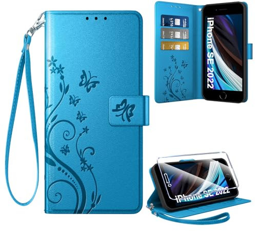 Coiwxmoi Coque pour iPhone SE 2022/SE 2020/iPhone 8/iPhone 7 + 1 Verre Trempé, Retro Design Housse Premium en Cuir PU Pochette de Portefeuille pour Porte Cartes Fonction Stand Flip Etui, Bleu