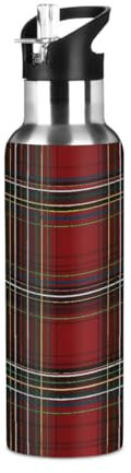 Mexpekil Red Tartan Plaid 600ml Insulated Water Bottle with Straw Lid Stainless Steel Thermos Bottle Vacuum Flask Leakproof Travel Sports Water Bottles for Running Cycling Hiking