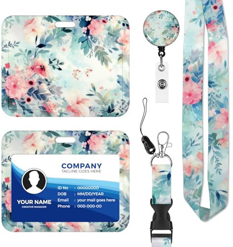 Porte Badge avec Cordon,Tour de Cou Badge avec Porte-Cartes,Porte Badge Enrouleur, Strap Neck avec Swivel Lobster Clasp pour Porte Badges d'Identification (Pink Flower)