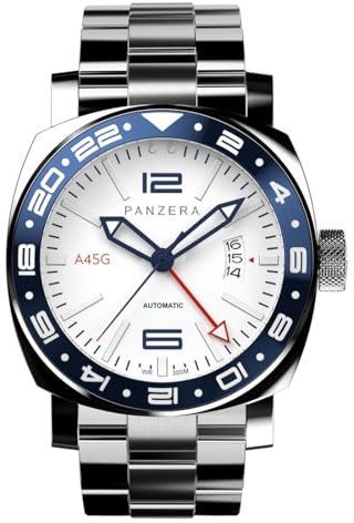 Panzera Aquamarine 45G mechanische Automatikuhr aus weißem Stahl Datum Saphir GMT Herrenuhr