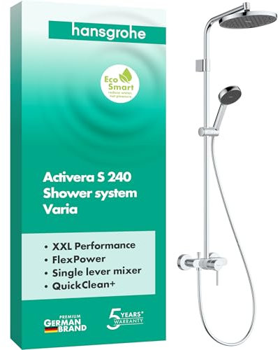 hansgrohe Activera S - Colonna doccia a risparmio idrico (EcoSmart) con miscelatore monocomando, Sistema doccia con rubinetto, soffione doccia tondo (240 mm), doccetta, tubo e asta, cromo, 28875000