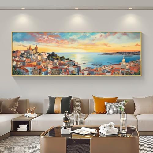 5D Diamond Painting Ciudad Costera Diamond Art Kit, DIY Grande Pintura de Diamantes Adultos Punto de Cruz Kit, Diamond Art Crystal Crafts para Decoración de Pared Hogar 60x150 cm/24x59 Inch M-587