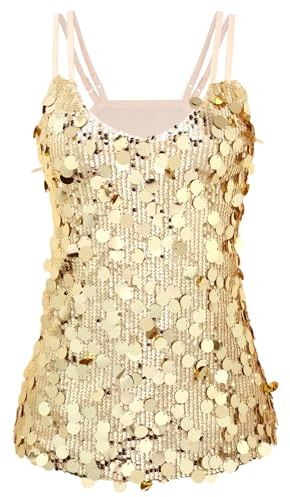 WERFORU Women's Sequin Tank Tops Fashion Sleeveless V Neck Camisole Sparkle Strappy Halter Shirt for Party Concert Champagne Gold