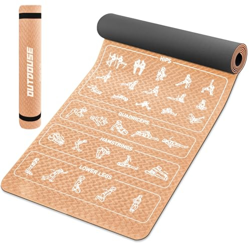 Tapis de yoga OUTDOUSE–70 postures de yoga imprimées, matériau TPE antidérapant, pour la gymnastique, le Pilates, la maison, tapis de fitness pour hommes et femmes,183x61x0,6cm,Kaki et noir