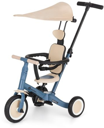 Petite&Mars Turbo Plus 5in1 Kinder-Dreirad & Laufrad | Multifunktionales 3–5-Rad mit Sonnendach | Für 1,5–5 Jahre | Abnehmbarer Pedalantrieb, Verstellbarer Sitz, Gurt, PU-Räder (Ocean Blue)