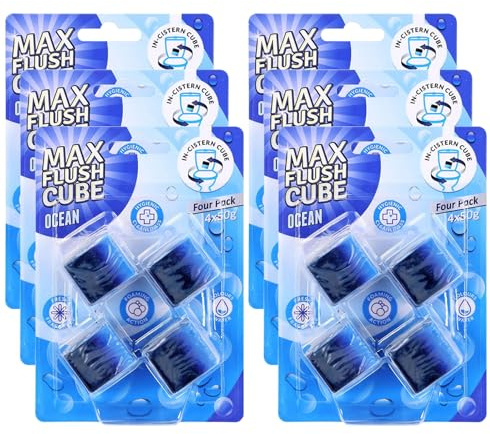 Max Flush Cube Toilet Cleaning Blocks – 6 Pack Ocean Scent | 24 In-Cistern Blue Water Cubes | Limescale Protection | Foaming Action Toilet Cleaner | Long-Lasting Freshness