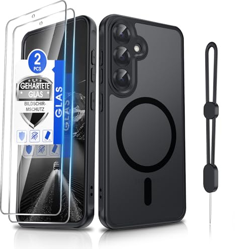 Dizn Magnetic Hülle für Samsung Galaxy S24/S25: [Nicht für S24+/S25+], 2*Panzerglas Folie, für MagSafe, Kameraschutz, Band, Magnet Case,Matt Transluzent Schutzhülle,Schutz HandyHülle S 24/S 25,Schwarz