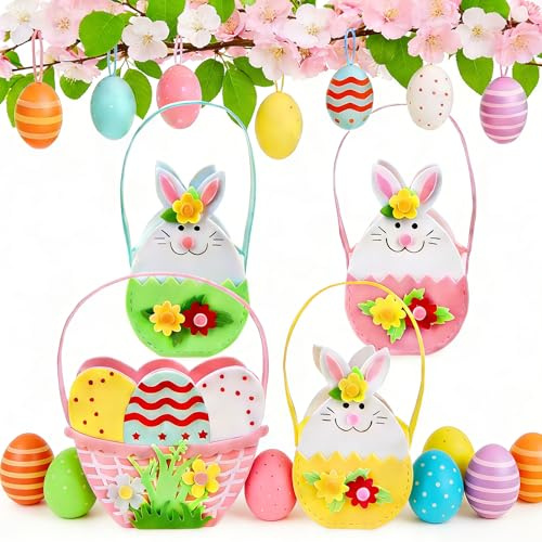 4 Stück Osterkorb für Kinder mit Henkel, Osterkörbchen Filz Osterhasen, Osternest mit Hase Buntes Kaninchen, Osternest Basteln Hase, Frühlingsdekoration, Ostern Deko(B)