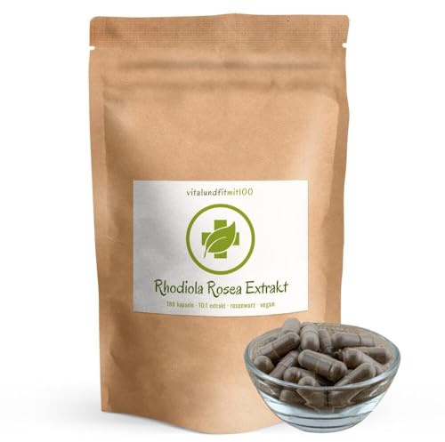 vitalundfitmit100 Rhodiola Rosea 10:1 Extrakt 500mg, 180 Kapseln hochdosiert, Rohkost, Vegan