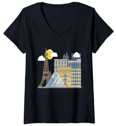 Femme Les célèbres bâtiments de Paris - la Tour Eiffel - Le Louvre T-Shirt avec Col en V