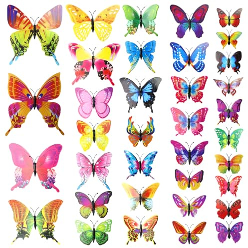 36 Stück Bunte Schmetterling Deko 3D Schmetterlinge Deko PVC mit Magneten | mit Klebepunkte, für Kinderzimmer Garten Tisch Kühlschrank Wandaufkleber Dekoration
