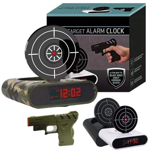 Wecker mit Pistole und Zielscheibe – interaktiver digitaler Schuss-Timer, Weckuhr, kein Schlummer-Trainer, personalisierte Aufnahme, LED-Display, Nachttischuhr für Erwachsene, lustiges Geschenk für