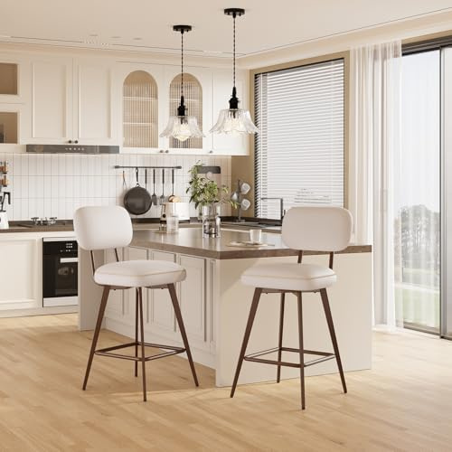 MALOL 360° Drehbarer Barhocker, Leder Bar Hocker 2er Set mit Rückenlehne, StilErgonomischer Barhocker mit Fußstütze, Moderner Küchenhocker mit Metallbeine für Theke, Bar, Esszimmer, Beige