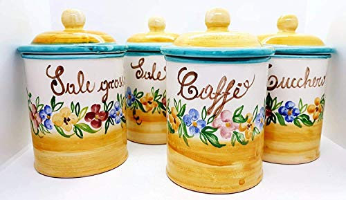 Pots Sel Fin Sel Gros Sucre Café Bocaux Cuisine Ligne Fleurs Blue Grillage Céramique Peint à La Main Le Ceramiche del Castello Made in Italy Pièce unique Dimensions H 13 x L 10,5 cm chacun