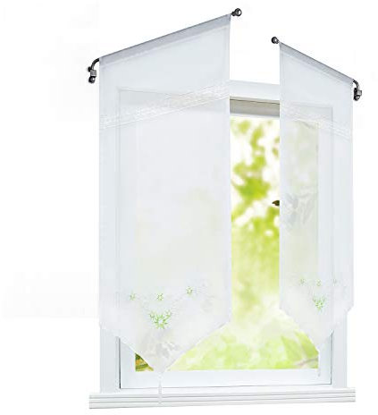 ESLIR Scheibengardine mit Tunnelzug Panneaux Gardinen Küche Bistrogardinen Transparent Stores Weiß Voile Grün BxH 60x90cm 1 Stück
