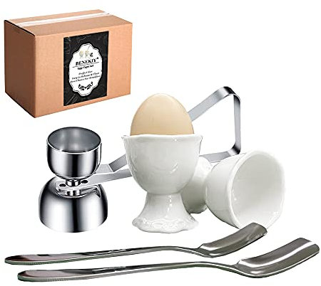 Set mit 5 Eierbechern für weich gekochte Eier, Keramik-Eierhalter, 2 Stück hart gekochte Eierbecher und 1 Eieraufsatzschneider mit 2 Eierlöffeln aus Edelstahl 304 für Dekor, Frühstück, Brunch