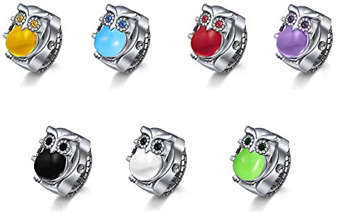 JewelryWe 7PCS Ringuhr Fingeruhr Damen Analog Quarz Uhr Elastisch Ring Edelstahl Eule Deko Uhr Uhrenring Weiß Schwarz Rot