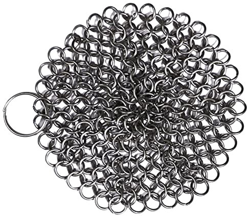 Mythrojan Limpiador de hierro fundido 4.5x4.5, fregador de cota de malla de acero inoxidable 316L para sartén, wok, olla, horno holandés y parrillas de barbacoa