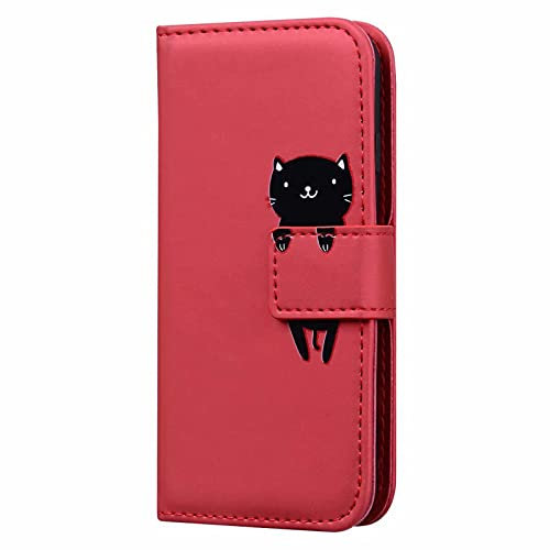 KELISI iPhone 7/iPhone 8/iPhone SE 2020(4.7 Zoll) Hülle,Leder Klappbar Handyhülle Katze Muster TPU Leder Flip Case mit [Kartenfäche][Magnetisch][Stand Funktion],Wein Rot