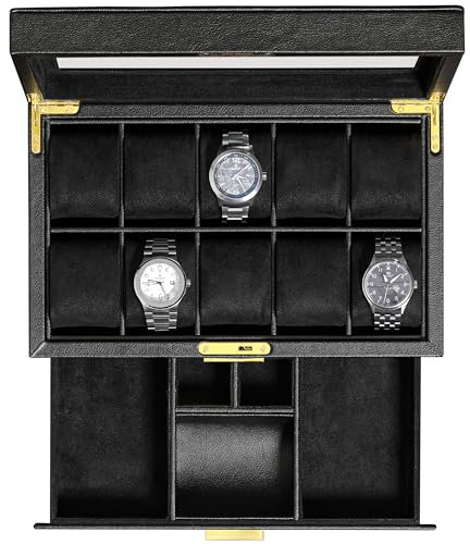 ROTHWELL Uhrenbox mit 10 Fächern, mit Schublade, luxuriösem Uhrenetui, ultraweichem Micro-Velourslederfutter, abschließbarem Schmuck- und Uhrenhalter mit großem Glasdeckel (Schwarz/Schwarz)