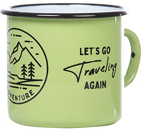 MUGSY Tazza smaltata Never Stop Exploring, 330 ml, motivo naturale e detto, infrangibile, verde