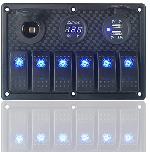 FanPaYY Pannello interruttori a bilanciere 6 Gang Dual USB Slot Socket Cigarette Lighter Digital Voltage Display Light per Marine Car Boat RV Scooter Truck Vehicles