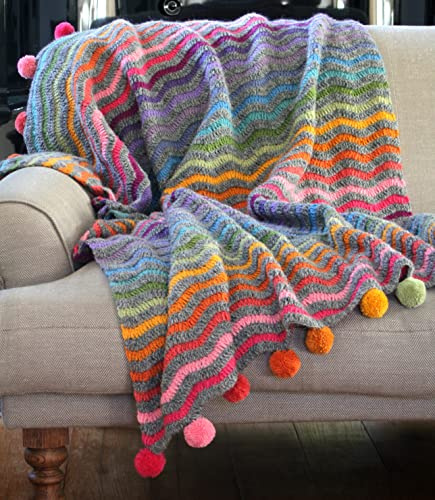 Pachamama Hand Crocheted Bed Sofa Throw 150 x 120 CM Wavy Stripe Pattern Pom Pom Multicoloured Handmade Warm Blanket Fair Trade
