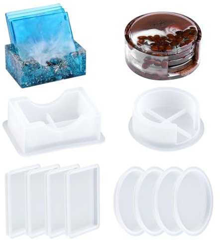 EPODA Untersetzerform Epoxidharz Formen mit Untersetzer Halter, 8 Stück Silikonform Untersetzer Epoxidharz, DIY Untersetzer Silikon Formen Gießformen (Rund Quadrat)