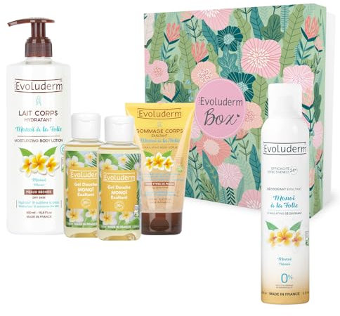 EVOLUDERM – Coffret Bain Femme - Soins Corps - Monoï de Tahiti - 4 Produits + Déo OFFERT - d'Origine Naturelle - Idée Cadeau - Coffret cadeau de Noël – Anniversaire - Fête des Mères (Jungle)