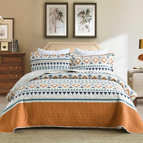 SahSahCasa Quilt Queen Size, 100% Cotton Boho Quilts, Queen Quilted Bedding Set Bedspreads, Bohemian Lightweight Striped Geometric Comforter for Queen Bed, for All Season, Orange, 3 Pieces