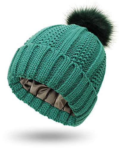 Micoop Winter Strickmütze Beanie Mütze Weich Warm Satin Gefüttert Ski Cuff Cap mit Pom Pom für Mädchen und Frauen