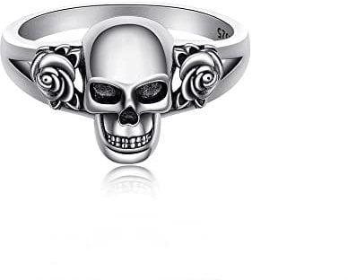Schädel Ringe 925 Sterling Silber Gothic Totenkopf mit Rose Blume Statement Ring Vintage Skelett Schmuck für Damen-7