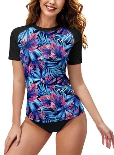 BesserBay Ladies Short Sleeve Uv Crew Neck Rash Guard Swim Top Quick Dry Bathing Suit Swimming Costume Purple Leaves XXL