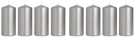 Pillar Candles Pack of 8 Unscented Silver Metallic - 10 x 5 cm / 4 x 2 in - Long Burning Up to 20 Hours - Elegant Dripless Wax Candles for Weddings, Christmas, Parties, Events, Home, Table Decoration