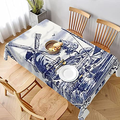 Tischdecke Anti-Fading Auslaufsicher Rechteckige Tischdecke Dekorative Tischdecke für Esstisch Partys Camping Nederland Niedliche Vintage Holländische Windmühle Delfter Blau Tischdekoration für drin