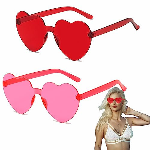 2 Paare Herz Brille,Hippie Gläser,Randlos Candy Transparent Sonnenbrille,Retro Party Brillen,Bunte Brille,für Kostüm Zubehör und Party Kostümzubehör