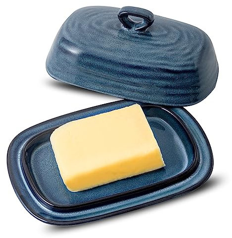 Butter Dish with Lid, Tikooere Ceramic Butter Keeper Holder with Cover for Countertop, Porcelain Butter Container with Handle for East West Coast Butter, Butter Tray Decor for Kitchen Gifts, Blue