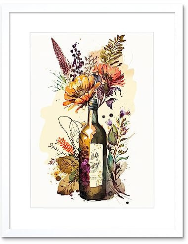 Artery8 Wildflower Bouquet in Upcycled Glass Wine Bottle Artwork Framed Wall Art Print 9X7 Inch