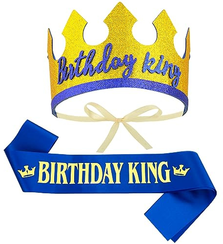RosewineC 2 Pcs King Crown Hat and Sash Set for Birthday Party | Boy's Party Dress-Up Accessory and Party Decorations