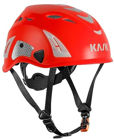 KASK Schutzhelm Superplasma HI VIZ - Arbeitsschutzhelm, Drehrad, Reflexstreifen, EN 397, Farbe:rot