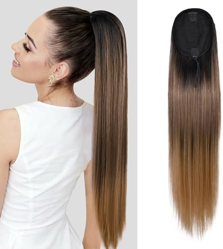 REECHO Ponytail Extension, 71 cm langes gerades Haarteil Kordelzug Pferdeschwanz Haarverlängerung Synthetischer Pferdeschwanz Haarteil für Frauen - Braun mit hellen Enden