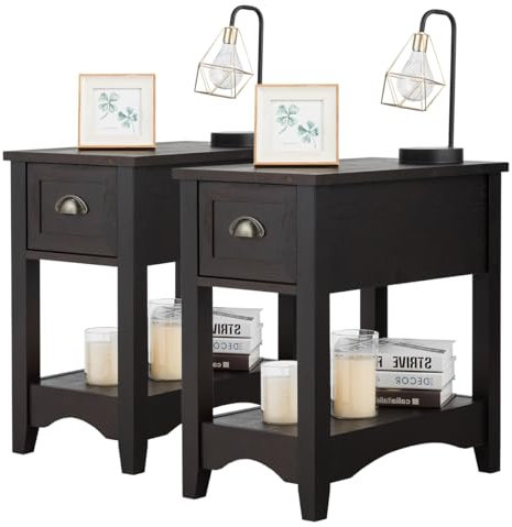 LIFEZEAL Mesilla de Noche de Madera, Mesa Auxiliar con 1 cajón de sofá con Patas de Madera de Hevea, Mesita de Noche de diseño Vintage, para salón, Dormitorio (33 X 56 X 58,5 cm, Nogal, 2)