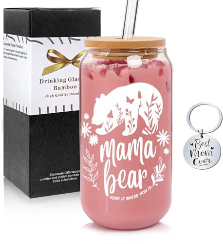 ANOTION Mama Bear Tasse – Geschenke für Mama Borosilikatglas Tasse mit Deckel und Strohhalm, weißer Elefant, Geschenke für Mutter, Geburtstagsgeschenke von Töchtern, Geschenke für Mutter,