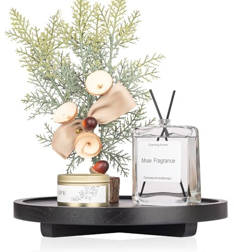 Vassoio decorativo in legno per tavolino da caffè, decorazione per fattoria, rotondo, supporto organizer vintage per candele, per cucina, bagno, nero