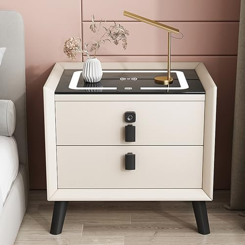 YUGXTH Nightstand with Charging Station and LED Lights, Smart Bedside Table with Fingerprint Lock and Bluetooth Speaker, Night Stands with USB Ports, End Side Table for Bedroom (Color : White, Size