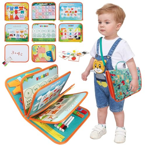 TUNJILOOL Montessori Busy Book - Livre d'activités sensorielles 10-en-1 avec Sangle d'épaule & Tableau Blanc effaçable, idéal pour Les Voyages et Le développement de la motricité Fine