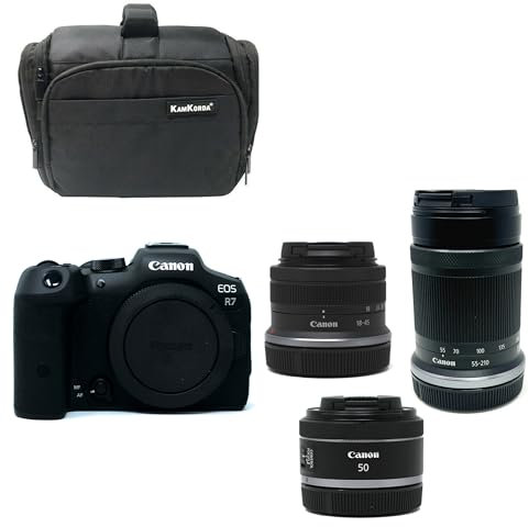 KamKorda Camera Bag + R7 Mirrorless Camera + RF-S 18-45mm + RF-S 55-210mm + RF 50mm f/1.8 STM lenses, 32.5MP APS-C CMOS Sensor, 4K60 10-Bit Video + 2 Year Warranty