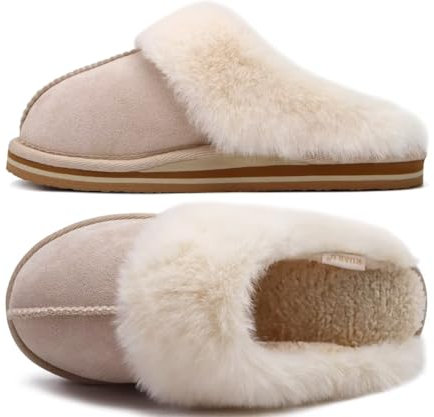 KuaiLu Chausson Femme Hiver Peluche Fourrure Chaud Pantoufles Fausse Fourrure Doublure Charentaise Confort Voute Plantaire Memory Foam Slippers Antidérapant Semelle Sans talon Beige 39